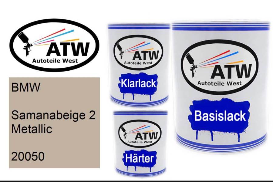 BMW, Samanabeige 2 Metallic, 20050: 1L Lackdose + 1L Klarlack + 500ml Härter - Set, von ATW Autoteile West.